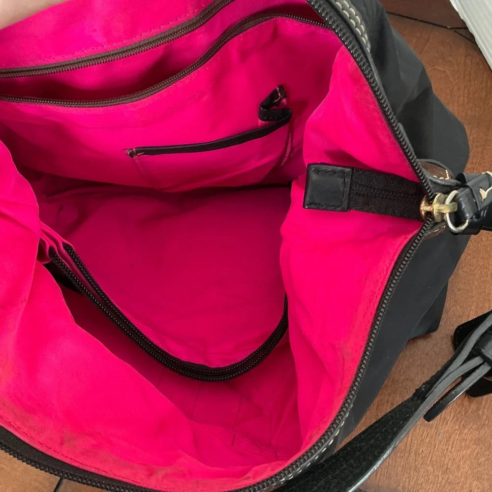 Dooney & Bourke Black Nylon Leather Trim Hobo Shoulder Bag Pink Lining Duck Logo